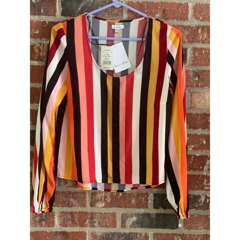 love, fire stripes button down hi low‎ long sleeve blouse Medium